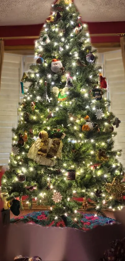 Vibrant Christmas tree with lights and festive decorations.