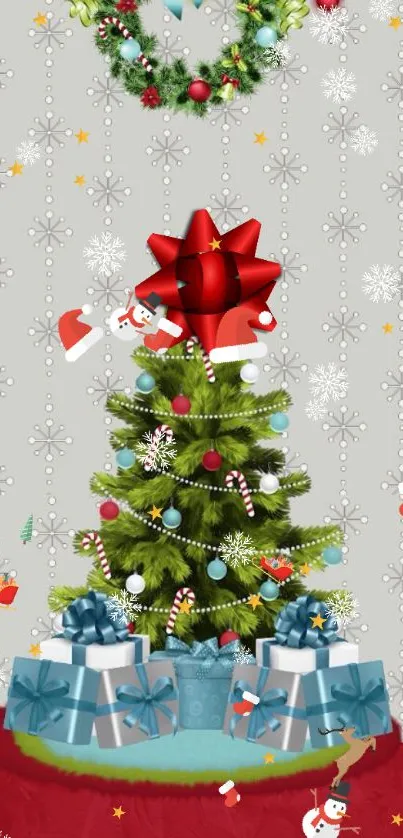 Festive Christmas tree with gifts and decorations in vibrant colors.