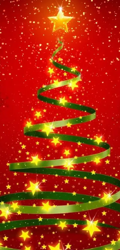 Christmas tree with a glowing star on red background, green spiral and yellow lights.