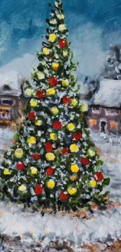 Decorated Christmas tree in snowy village scene.