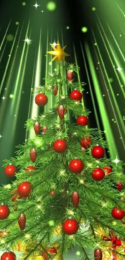 Vibrant Christmas tree with ornaments and gift boxes glowing under green lights.