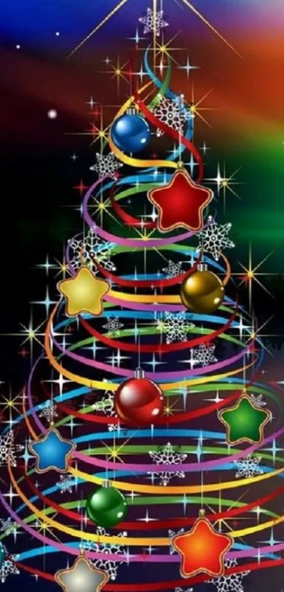 Vibrant Christmas tree with colorful ornaments and stars on a mobile wallpaper.