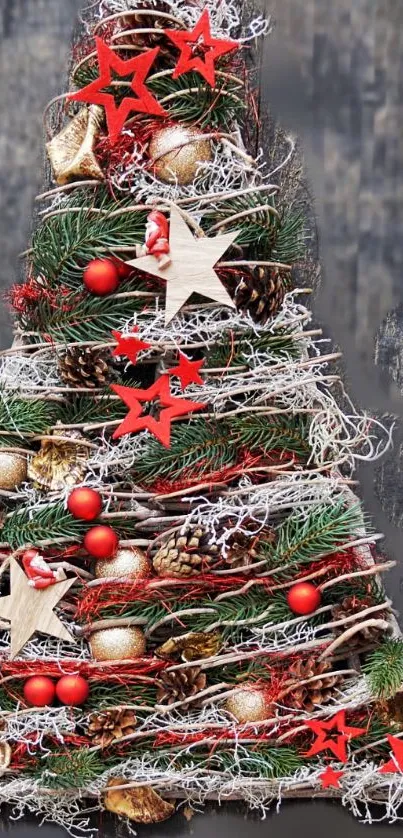Festive Christmas tree with red and gold accents, perfect for holiday wallpapers.