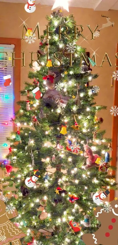 Vibrant Christmas tree with lights and ornaments, saying Merry Christmas.