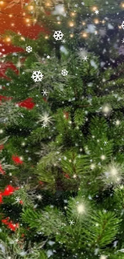 Festive Christmas tree with sparkles and snowflakes on a phone wallpaper.