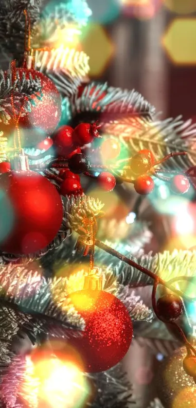 Festive Christmas tree with red ornaments and green branches.