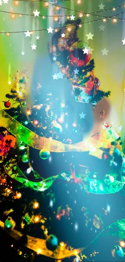 Vibrant Christmas tree with lights and decorations for a festive mobile wallpaper.