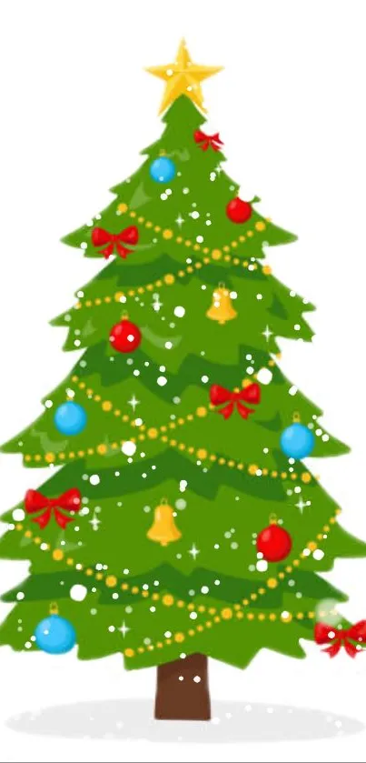 Festive Christmas tree with ornaments and a star on top against white background.