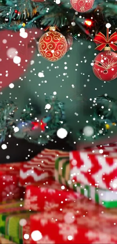 Festive Christmas tree with ornaments and snow.