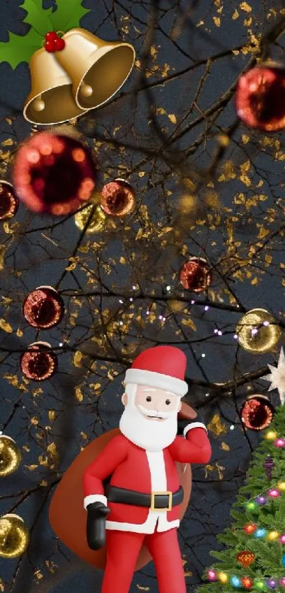 Jolly Santa with Christmas tree and lights on festive wallpaper.