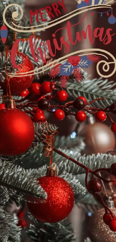 Christmas tree with red ornaments and 'Merry Christmas' text.