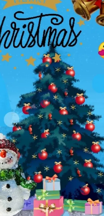 Christmas tree with snowman and gifts in snowy landscape.