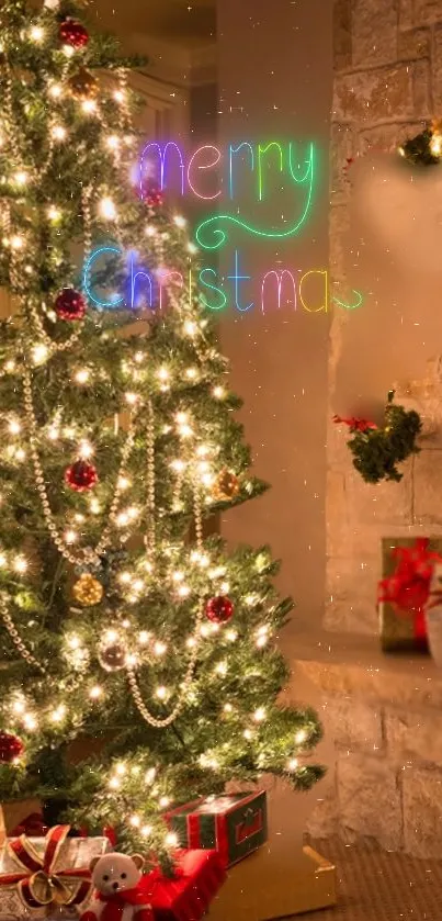 Festive Christmas tree with lights and ornaments beside a stone fireplace.