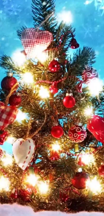 Festive Christmas tree with red ornaments and glowing lights on a blue background.