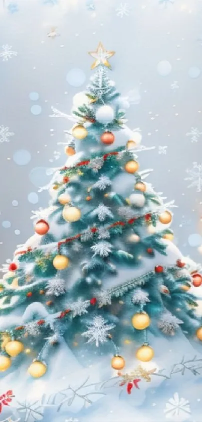 A decorated Christmas tree in snow with festive ornaments and lights.