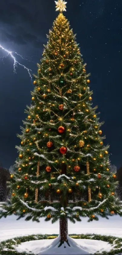 Festive Christmas tree with lights and baubles against a snowy night sky.