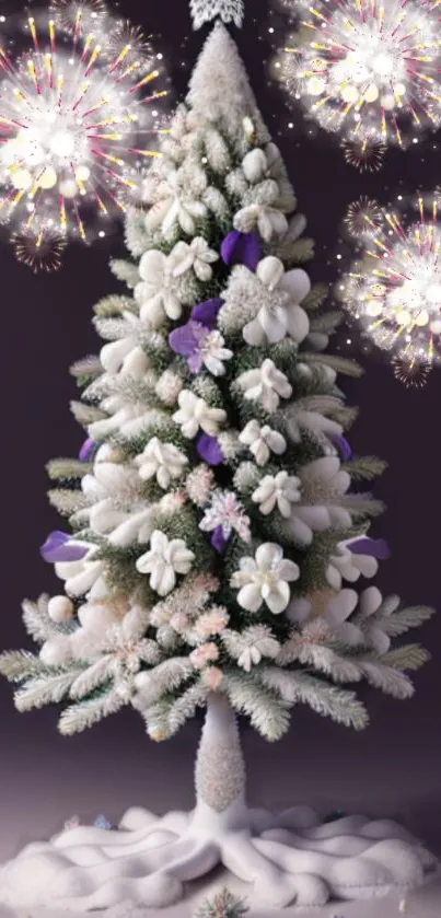 Christmas tree with fireworks background.