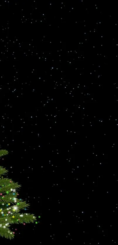 Festive Christmas tree with twinkling lights against a starry night sky.