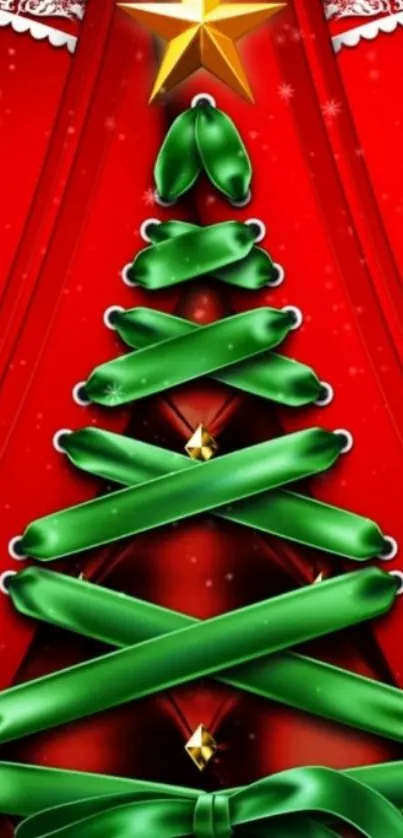 Red and green Christmas tree wallpaper with star top.