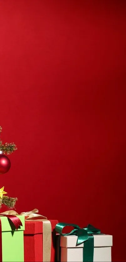 Christmas tree with presents and red background.