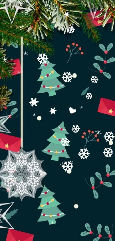 Festive Christmas wallpaper with snowflakes and green branches.