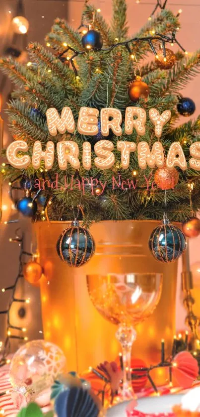 Festive Christmas tree with ornaments and lights in a warm holiday setting.