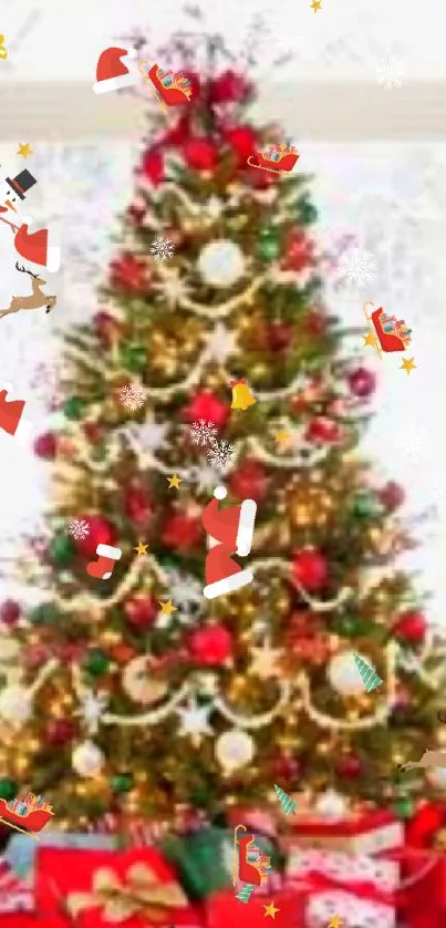 Festively decorated Christmas tree with gifts underneath in a bright room.