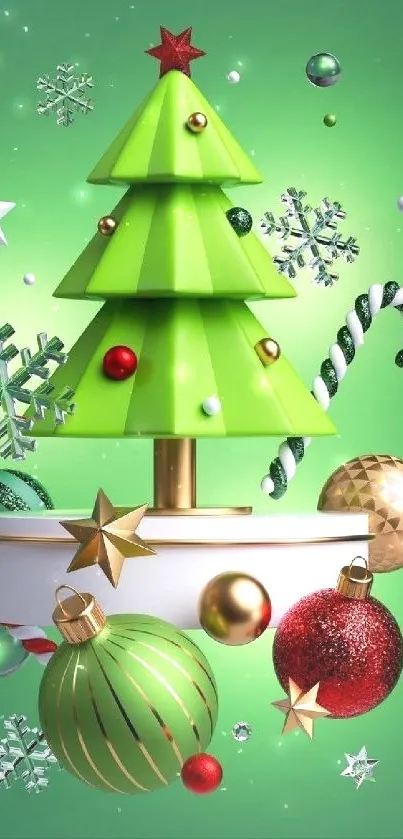 Festive green Christmas tree wallpaper with ornaments and candy canes.