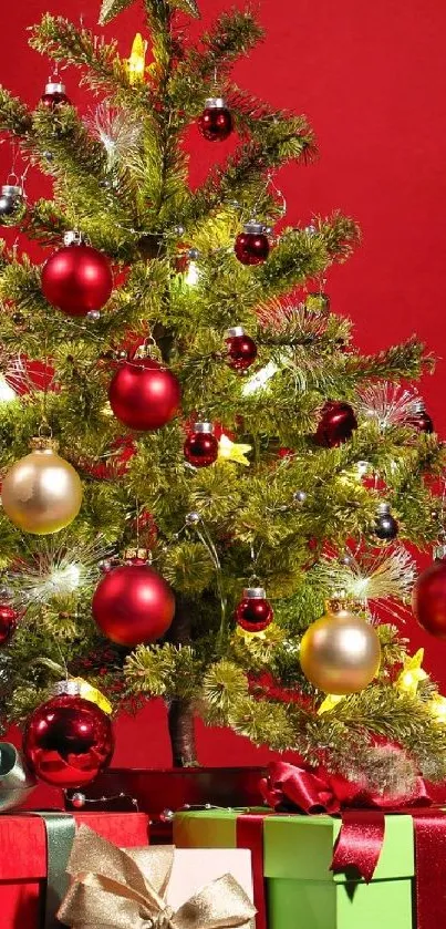 Bright Christmas tree with red and gold ornaments and colorful gift boxes.