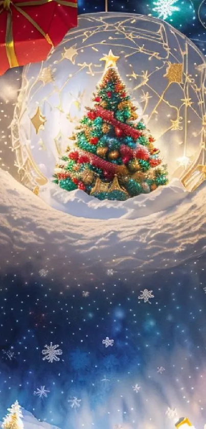 Christmas tree with gifts under a starlit sky in a snowy holiday setting.