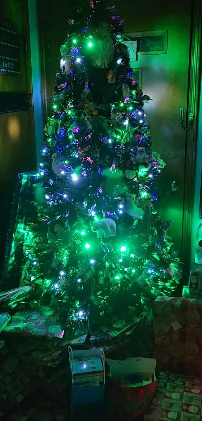 Vibrantly lit Christmas tree with gifts and decorations.