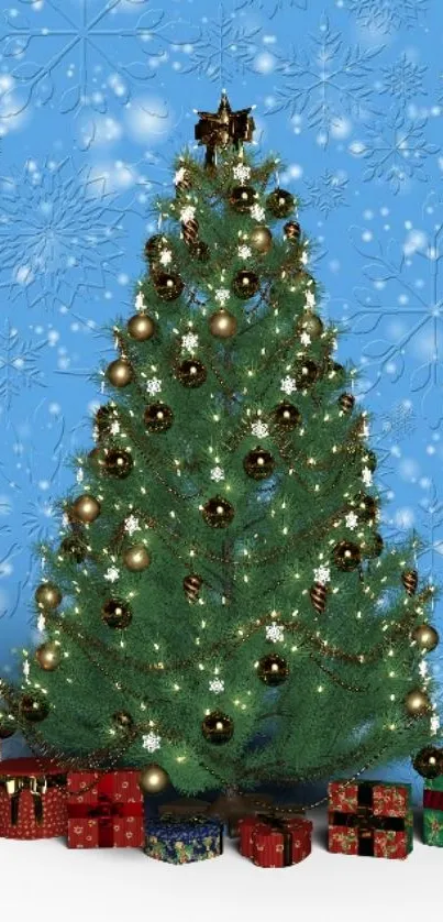 Decorated Christmas tree with gifts on a blue snowy background.