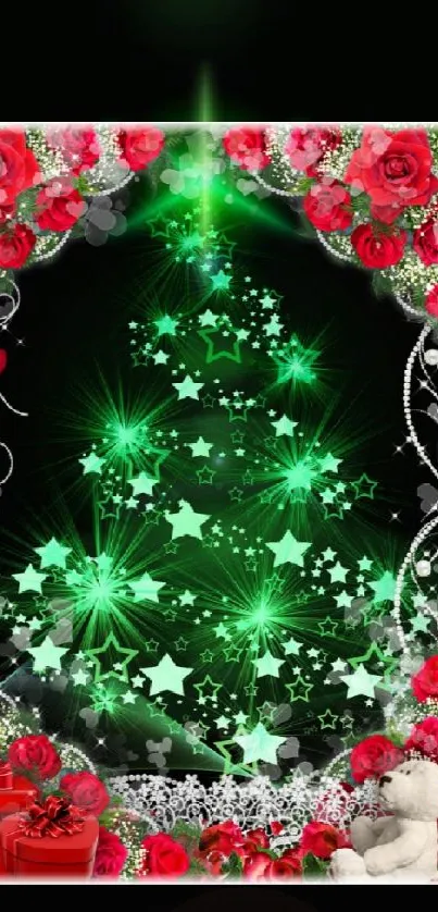 Festive Christmas tree with stars and floral accents on a vibrant wallpaper.