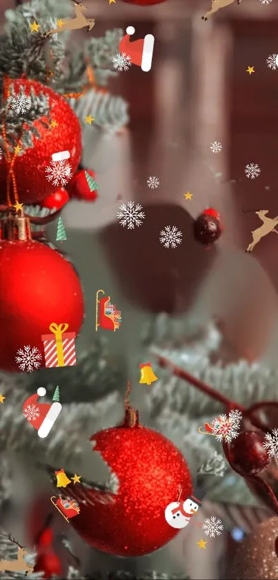 Vibrant Christmas tree with red ornaments and holiday icons.