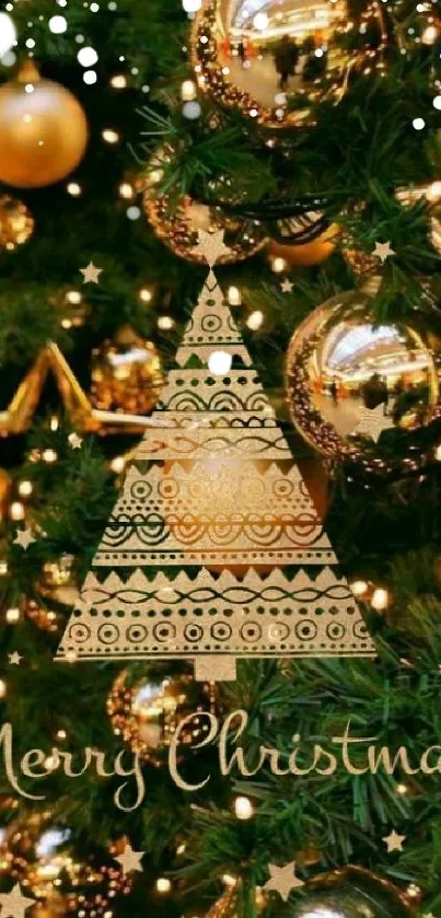 Festive Christmas tree with gold decorations and lights.