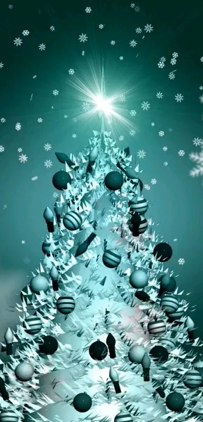 Christmas tree with snowflakes and teal background.