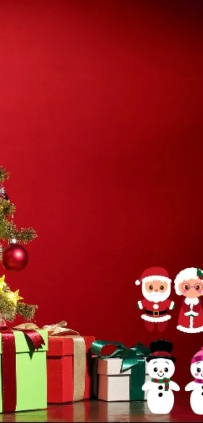 Christmas tree and gifts with cartoon characters on a red background.