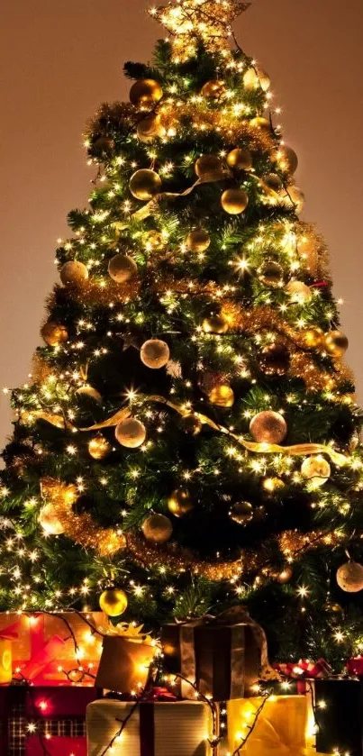 Brightly lit Christmas tree with gifts and golden decorations.