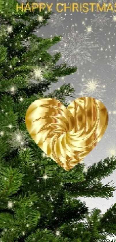 Festive mobile wallpaper with Christmas tree and gold heart.