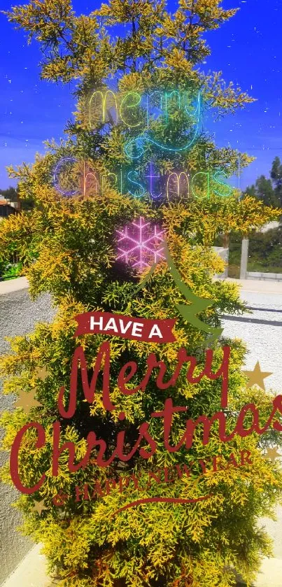 Vibrant Christmas tree with festive greeting text in an outdoor setting.