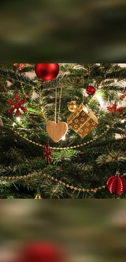 Christmas tree with red and gold ornaments.