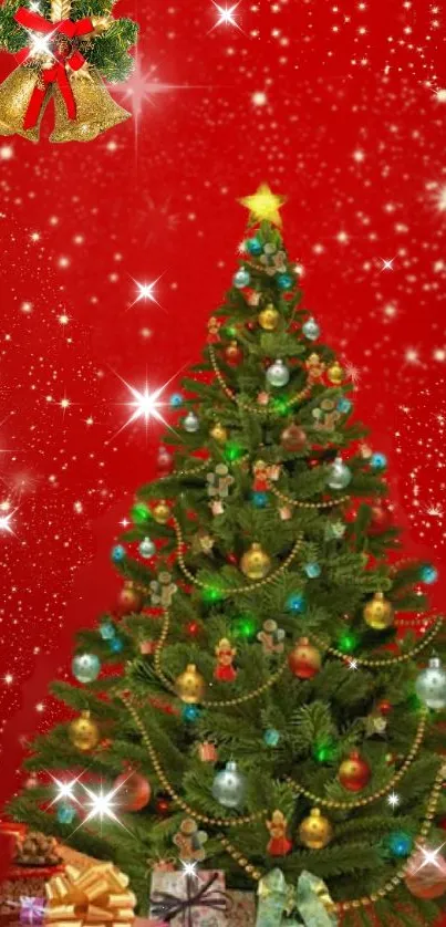 Festive Christmas tree with starry red background, adorned with festive decorations and gifts.