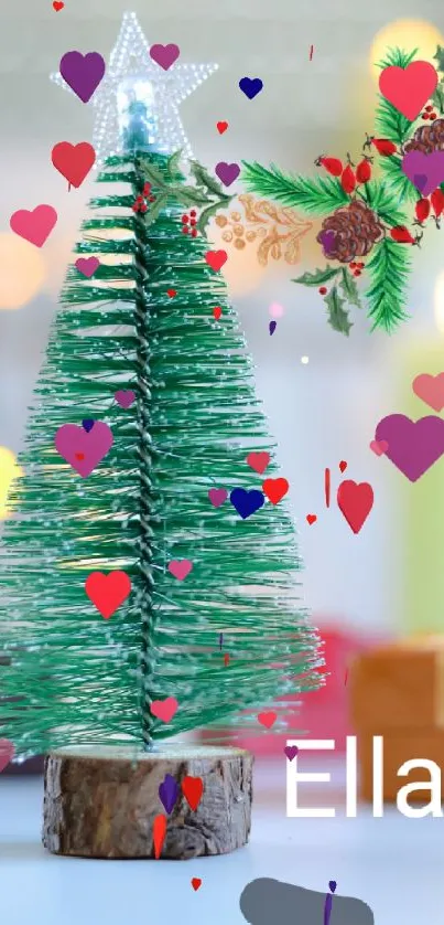 Festive green Christmas tree with lights and gifts in background.