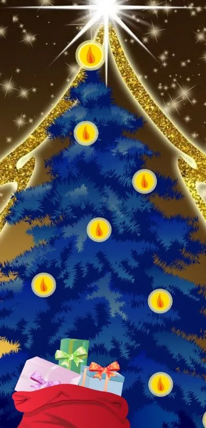 Vibrant Christmas tree with stars and presents in a festive mobile wallpaper.