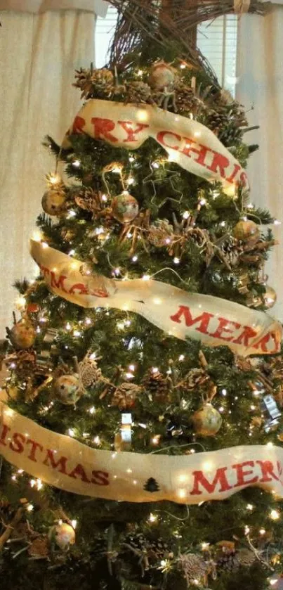 Festive Christmas tree with lights and ribbons in cozy home.