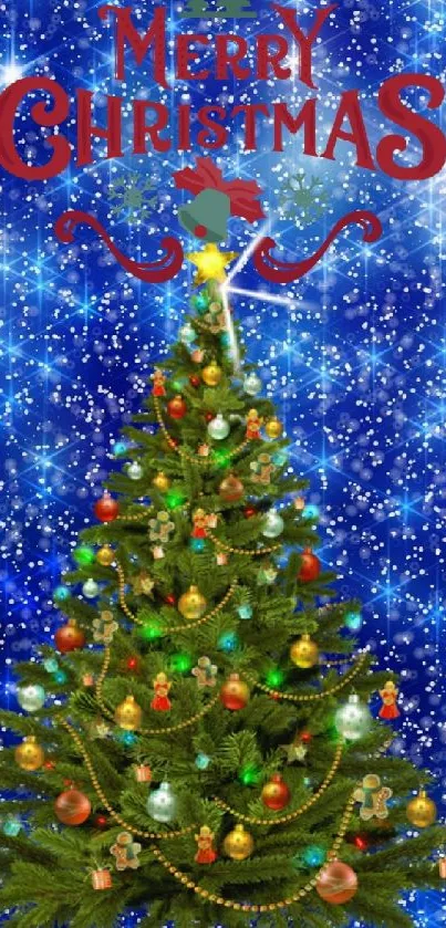 Festive Christmas tree with blue starry background and Merry Christmas text.