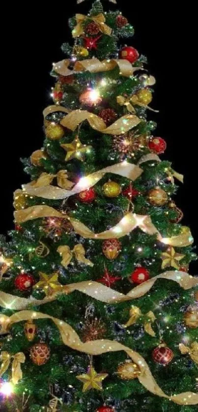 Vibrant Christmas tree with golden ribbons and colorful ornaments against black backdrop.