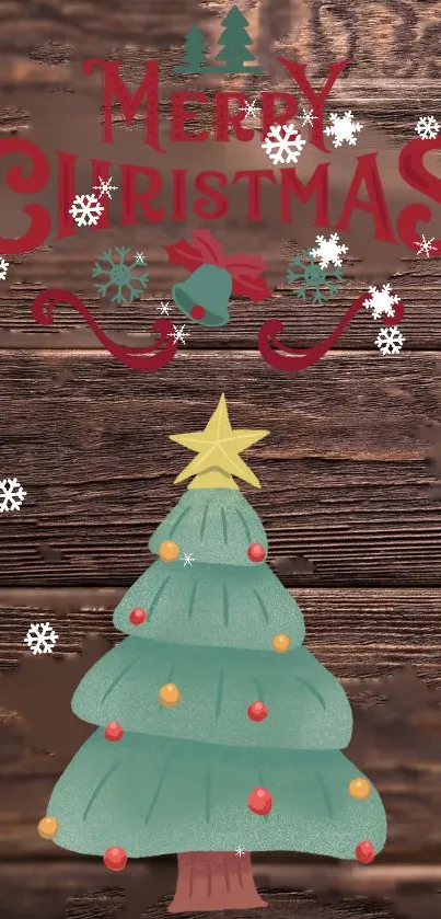 Festive Christmas wallpaper with tree and snowflakes on wooden background.