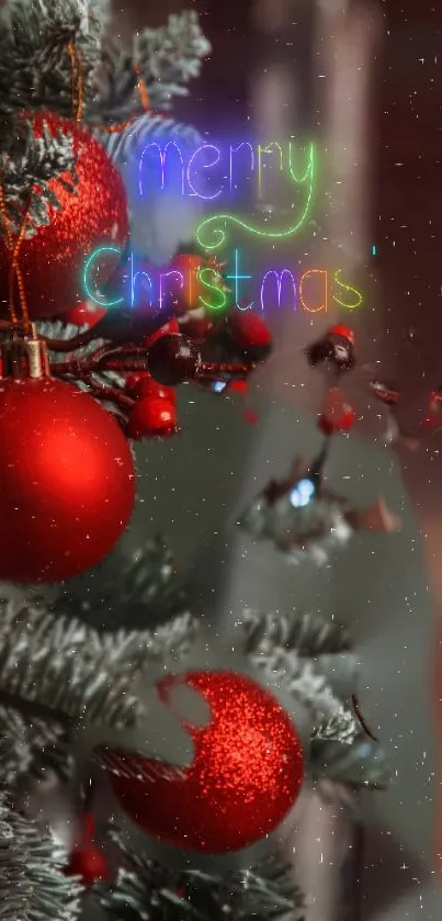 Christmas tree with red ornaments and colorful lights.