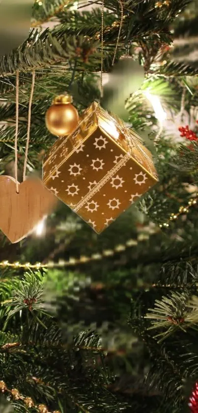 Festive Christmas tree with gold and wooden ornaments.